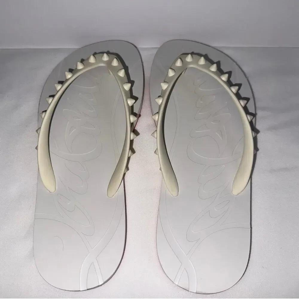 Authentic Christian Louboutin White Loubi Spikes Rubber Flip Flops Size 38